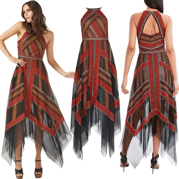 BCBGMaxAzria Dresses & Skirts - BCBGMAXAZRIA Embroidered Handkerchief
Tulle Formal Lace Maxi Dress Valentine 0